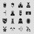 Set Sword with blood, Diamond, Medieval castle gate, Castle, fortress, Monk, flag, and Quiver arrows icon. Vector Royalty Free Stock Photo