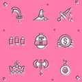 Set Sword for game, Witch hat, with blood, Bullet, Video bar, Ancient coin, King crown and Medieval poleaxe icon. Vector