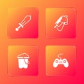 Set Sword toy, Toy horse, Sand in bucket and Gamepad icon. Vector