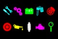 Set of 10 symbol icons for car service, auto repair shop, car repair in retro neon style. Vector horizontal Royalty Free Stock Photo