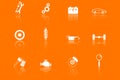 Set of 12 symbol icons for car service, auto repair shop, car repair on orange background with mirror reflection effect. Vector