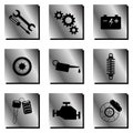 Set of 9 symbol icons for car service, auto repair shop, car repair in high tech metal and steel style. Vector square orientation