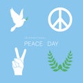 Set of symbol for International Peace Day. White dove, olive branch, hand with two finger up and peace symbol Royalty Free Stock Photo