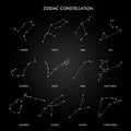 Set of symbol zodiac sign, constellations. lines and points. Star chart, map.Set of zodiac constellation on the black background.