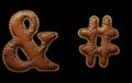 Set of symbols ampersand and hash made of leather. 3D render font with skin texture isolated on black background.