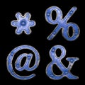 Set of symbols asterisk, percent, at, ampersand made of painted metal with blue rivets on black background. 3d