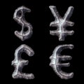 Set of symbols dollar, yen, lira, euro made of forged metal isolated on black background. 3d