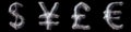 Set of symbols dollar, yen, lira, euro made of forged metal isolated on black background. 3d