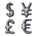 Set of symbols dollar, yen, lira, euro made of forged metal isolated on white background. 3d