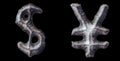 Set of symbols dollar and yen made of forged metal isolated on black background. 3d