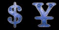 Set of symbols dollar, yen made of painted metal with blue rivets on black background. 3d