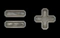Set of symbols equals and plus made of industrial metal on black background 3d