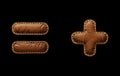 Set of symbols equals and plus made of leather. 3D render font with skin texture isolated on black background.
