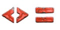 Set of symbols left, right angle bracket and equals made of red painted metal isolated on white background. 3d