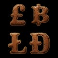 Set of symbols lira, baht, litecoin, dashcoin made of leather. 3D render font with skin texture isolated on black