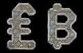 Set of symbols lira and baht made of industrial metal on black background 3d