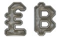 Set of symbols lira and baht made of industrial metal on white background 3d