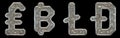 Set of symbols lira, bitcoin, litecoin and dashcoin made of industrial metal on black background 3d