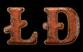 Set of symbols litecoin and dashcoin made of leather. 3D render font with skin texture isolated on black background.