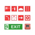 Set symbols, logos, icons, hose, ladder, emergency exit, alarm button.