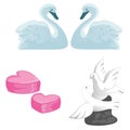 A set of symbols of love, marriage and honeymooners. A pair of swans, pigeons and hearts on white background. Vector illu