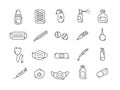 Set of symbols medical icon specialization. Face mask, pills, liquid hand soap, medical gloves, medicine bottle design