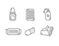 Set of symbols medical icon specialization. Face mask, pills, liquid hand soap, medical gloves, medicine bottle design