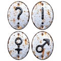 Set of symbols question mark, exclamation point, female, male made of forged metal on the background fragment of a metal