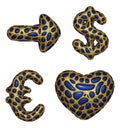 Set of symbols right arrow, dollar, euro, heart made of realistic 3d render golden shining metallic.