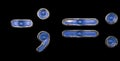 Set of symbols tilde, semi-colon, equals, colon made of painted metal with blue rivets on black background. 3d