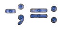 Set of symbols tilde, semi-colon, equals, colon made of painted metal with blue rivets on white background. 3d