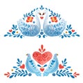 Set with symmetrical composition with doves, swans, flowers and hearts on the theme of valentines day.