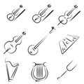Set of symphonic string musical instruments. Set of stringed instruments with title in thin line