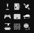 Set Syringe, Graphic tablet, Satellite, Factory conveyor system belt, Binary code, Social network, Gamepad and Pills
