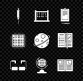 Set Syringe, Pendulum, Clipboard with document, Glasses, Earth globe, Open book, Processor and Planet icon. Vector