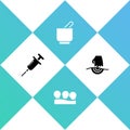 Set Syringe, Vacuum cans, Mortar and pestle and Massage icon. Vector
