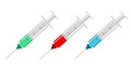 Set of syringes with different fluids and medications.