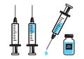 Set of syringes for injection with blue vaccine, vial of medicine. Vector Royalty Free Stock Photo