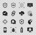 Set System bug, Head with shield, Fingerprint, Chain link, Check mark speech bubble, Shield WiFi wireless and on cloud Royalty Free Stock Photo