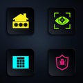 Set System bug, House with password, Password protection and Eye scan. Black square button. Vector Royalty Free Stock Photo
