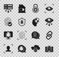 Set System bug on monitor, Chain link, Eye scan, Safe combination lock, Fingerprint, Server, Data, Web Hosting and Head Royalty Free Stock Photo