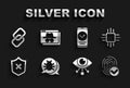 Set System bug, Processor with microcircuits CPU, Fingerprint, Eye scan, Shield cross mark, Smartphone, Chain link and Royalty Free Stock Photo