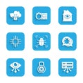 Set System bug, Safe combination lock, Server, Data, Web Hosting, Eye scan, Processor with microcircuits CPU, House eye Royalty Free Stock Photo