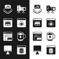 Set System bug, Search engine, Processor with microcircuits CPU, Computer monitor screen, Software, Cup tea tea bag Royalty Free Stock Photo
