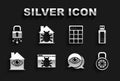 Set System bug, USB flash drive, Safe combination lock, Eye scan, House with eye, Password protection, Cyber security