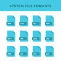 Set of system File Formats and Labels in flat icons style. Vector illustration