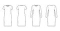 Set of T-shirt dresses technical fashion illustration with crew neck, long and short sleeves, knee length, oversized, Royalty Free Stock Photo