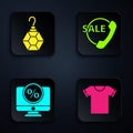 Set T-shirt, Earring, Percent discount and monitor and Telephone 24 hours support. Black square button. Vector