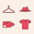 Set T-shirt, Hanger wardrobe, Man hat with ribbon and Carton cardboard box icon. Vector