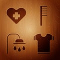 Set T-shirt, Heart with a cross, Shower head and Hairbrush on wooden background. Vector